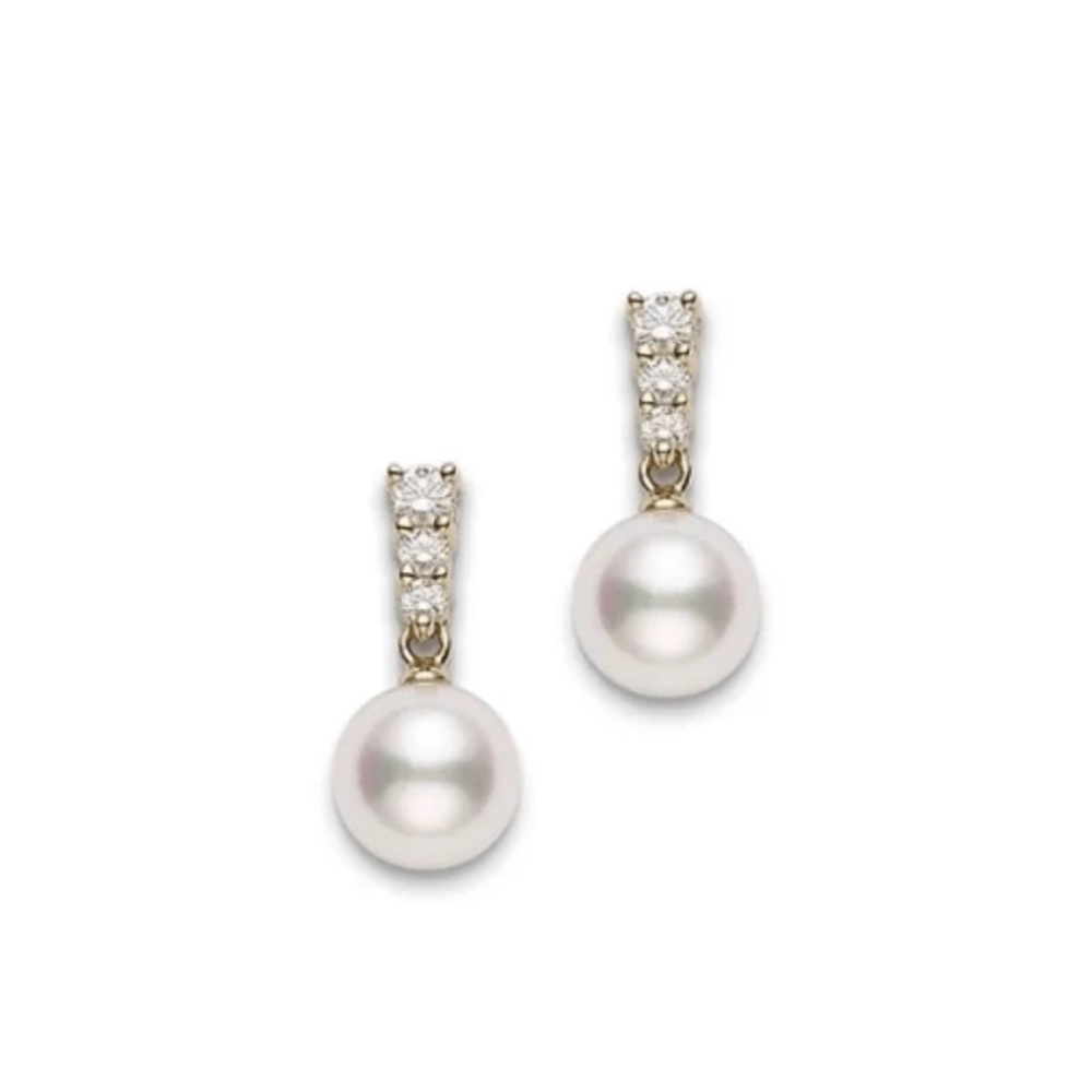 Mikimoto 18K Yellow Gold Estate Akoya Cultured Pearl and Diamond Earrings.